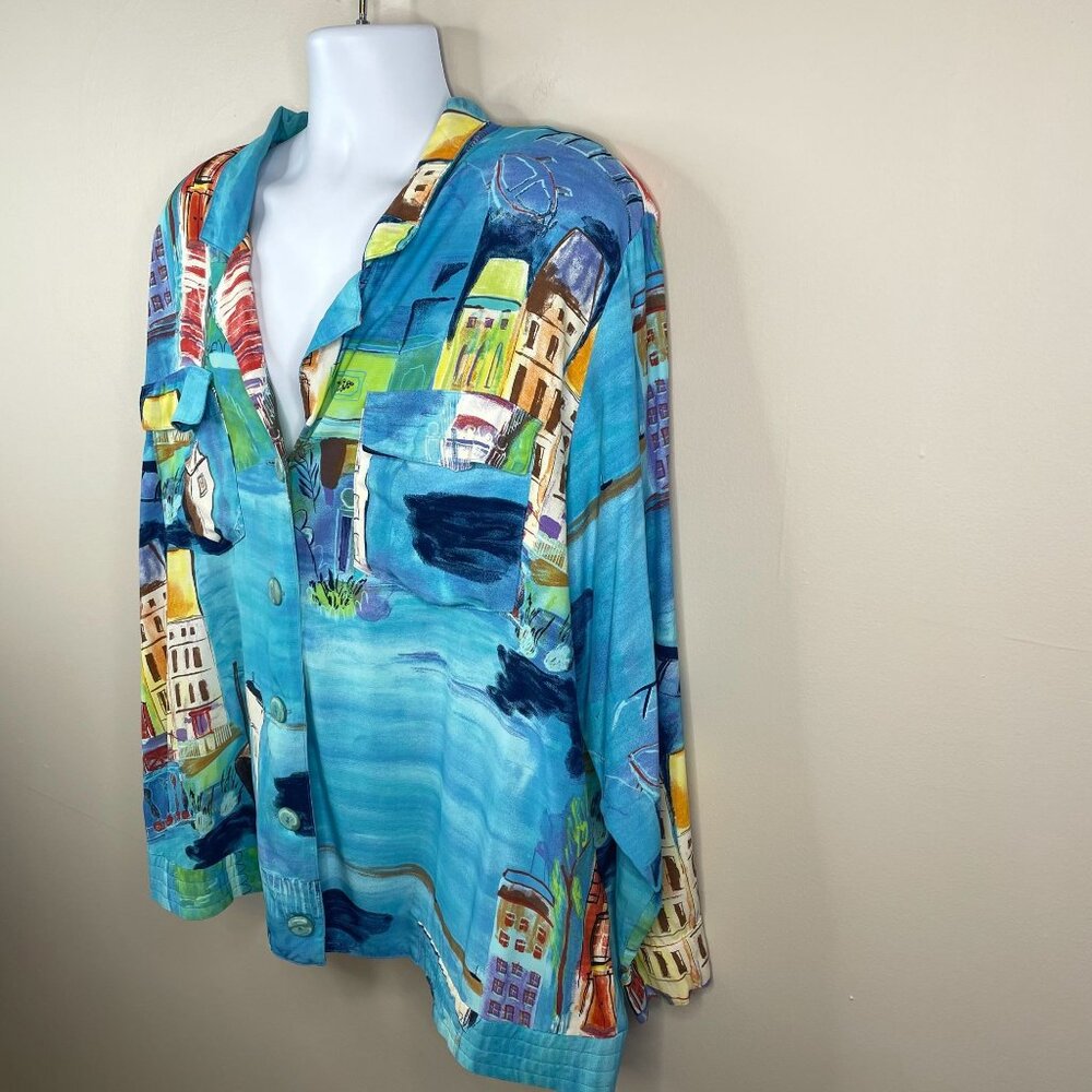 Vintage 90s Top 2X Coastal Venice Style Art To Wear Impressionist Shacket Travel - Picture 14 of 14